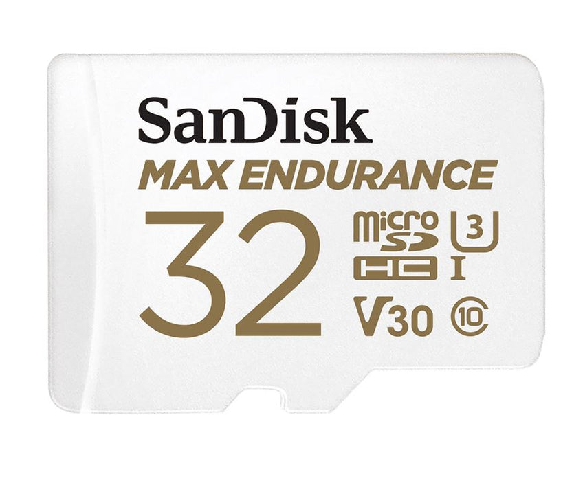 SanDisk Max Endurance 32GB microSD 100MB/s 40MB/s 20K hrs 4K UHD C10 U3 V30 -40Â°C to 85Â°C Heat Freeze Shock Temperature Water X-ray Proof SD Adapter