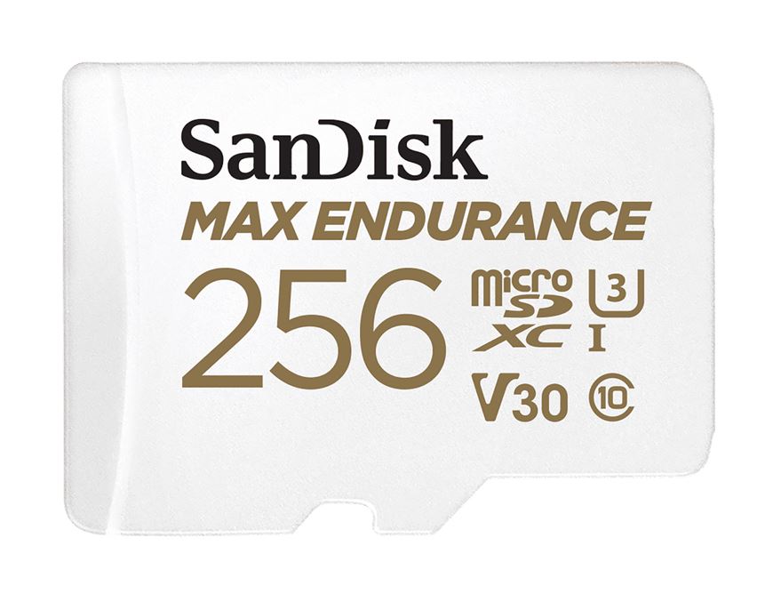 SanDisk Max Endurance 256GB microSD 100MB/s 40MB/s 20K hrs 4K UHD C10 U3 V30 -40Â°C to 85Â°C Heat Freeze Shock Temperature Water X-ray Proof SD Adapter