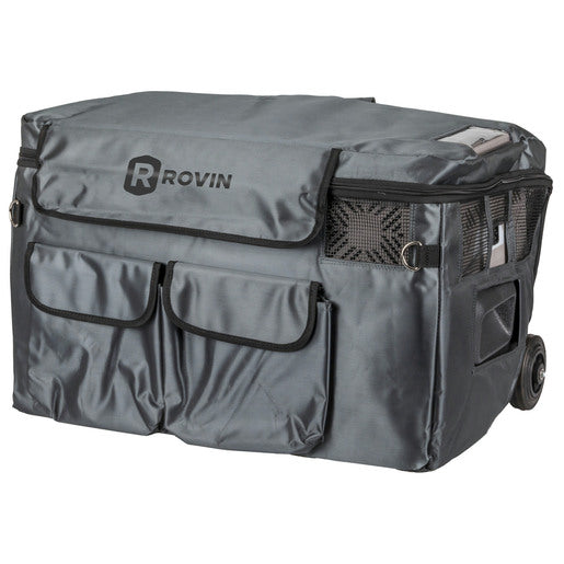 Grey Insulated Cover for 40L Rovin Portable Fridge Freezer with Handle, Wheels, Solar Input and Battery Compartment