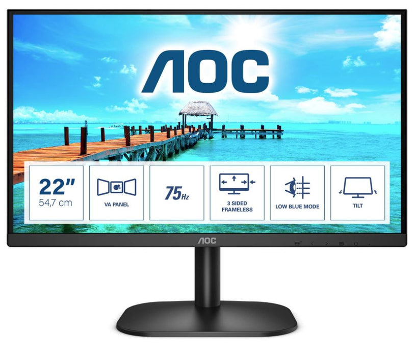 AOC 21.5' 22B2HN 1920x1080,  VA, 75Hz, HDMI 1.4, VGA, Tilt, Low Blue, Flicker Free, Ultra Slim, VESA 100mm, Tilt.   Home Office Monitor (LS