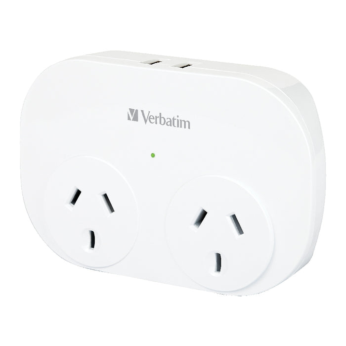 Verbatim Dual USB Surge Protected with Double Adaptor - White 2x USB Charger Outlet, Charge Phone and Tablet, Surge Protection, 2.4A Current Power