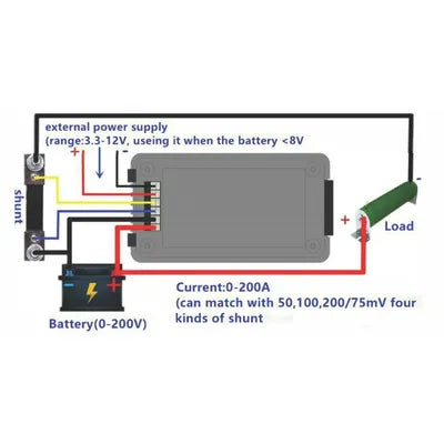 200A 6.5-200V DC Power Battery Meter with External Shunt