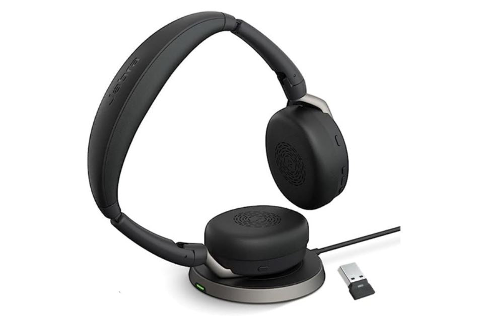 Jabra Evolve2 65 Flex MS Stereo Bluetooth Headset, Link380a USB-A Dongle & Wireless Charging Stand Foldable Design, 2Yr Warranty, 30m Wireless Range