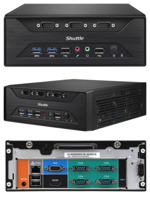 Shuttle XC60J Slim Mini PC 3L Barebone-Celeron J3355, Fan-less, 8x RS232(RS422/485), 3.5' HDD/SSD bay, LAN, HDMI, VGA, 2x DDR3L, M.2 2280, 65W adapter