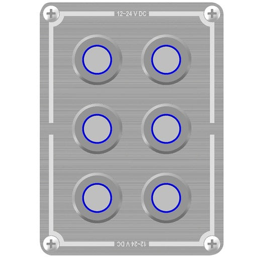 Powertech 6 Way Stainless Steel Switch Panel With Blue Illuminated Switches and Marine Label