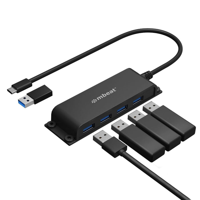 mbeatÂ® Mountable 4-Port USB-A & USB-C Adapter Hub - 60cm Data Cable, USB 3.0, 2.0 High-Speed Data Port Expansion, Save Space Mounting Solution