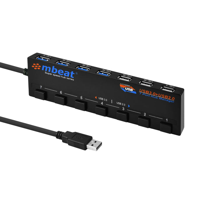 mbeatÂ® 7-Port USB 3.0 & USB 2.0 Powered Hub Manager with Switches - 4x USB 3.0 with 5Gbps/3x USB 2.0 with 2.4Ghz(480Mbps)/Super Fast Hub Manager