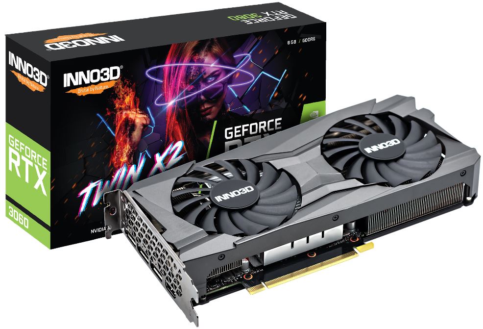 INNO3D nVidia GeForce RTX 3060 TWIN X2 8GB GDDR6 GPU, 1777MHz Boost Clock, 3xDP, 1xHDMI, LHR, 240x120mm x 2-slot (3060)