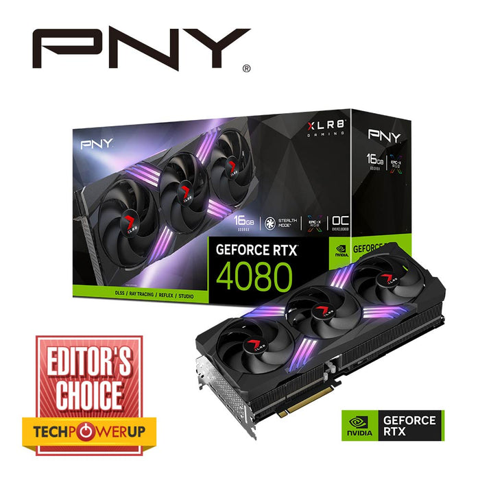 PNY Nvidia GeForce RTX 4080 16GB GDDR6X XLR8 Gaming VERTOâ„¢ EPIC-X RGB OC Triple Fan 9728 Cude Cores 23Gbps 2205/2550 Mhz 3x DP 1x HDMI 2.1