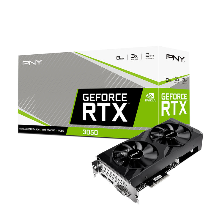 PNY GeForce RTXâ„¢ 3050 8GB Verto Dual Fan /PCI-Express 4.0 x8/ Clock Speed  1552 MHz/ Boost Speed  1777 MHz/ Memory Size  8GB GDDR6/ 3-year Warranty