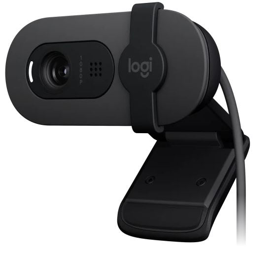 Logitech Brio100 Full HD 1080p webcam with auto-light balance, integrated privacy shutter, and built-in mic