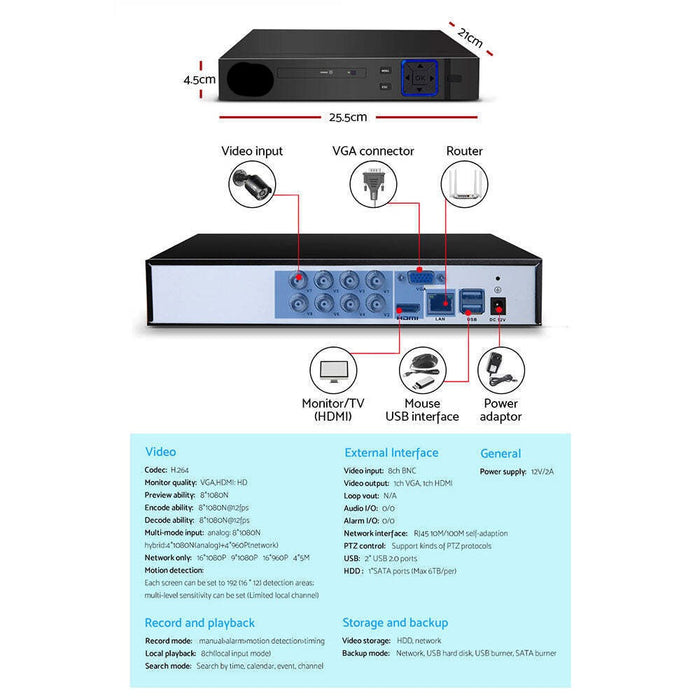 DVR 8 Channel with 4 Cameras 1080p with 1TB Hard Drive